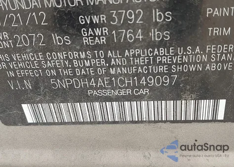 2012 Hyundai Elantra Limited из США, поврежденный, VIN 5NPDH4AE1CH149097